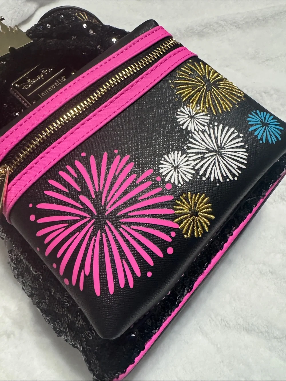 Loungefly x Disney Minnie Sequin December Mini Backpack - Black with Pink Firewo
